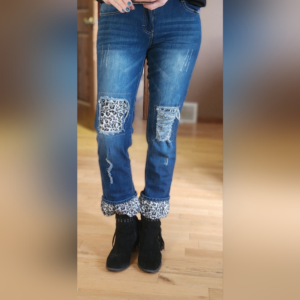 L&B distressed jeans with Leopard Patches and cuff, Size 4